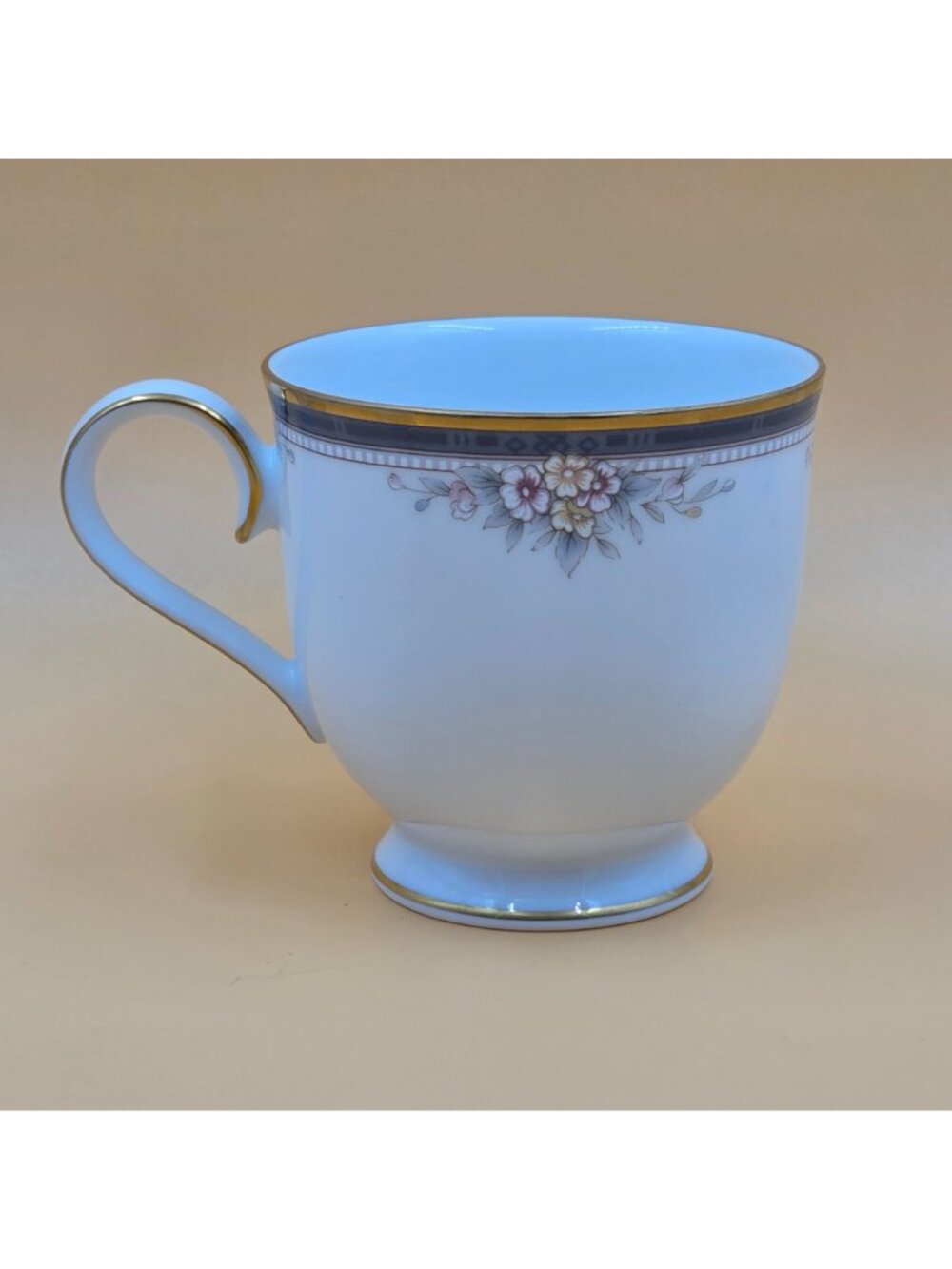 Noritake Ontario Footed Cup and Saucer Set of 3 Blue Gray Band White Pink Flower - Picture 11 of 16